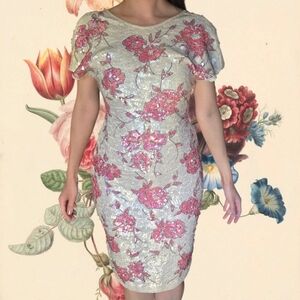 Vintage Knit Wiggle Sequin Beaded Floral Dress Medium 8